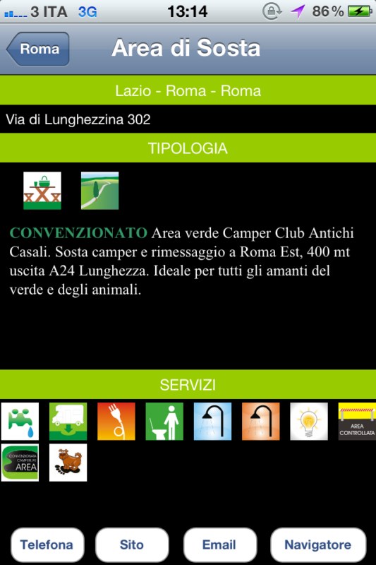 CamperlifeApp per iPhone, visualizzazione dei dettagli dell'area di sosta prescelta camper camperlifeapp app iphone