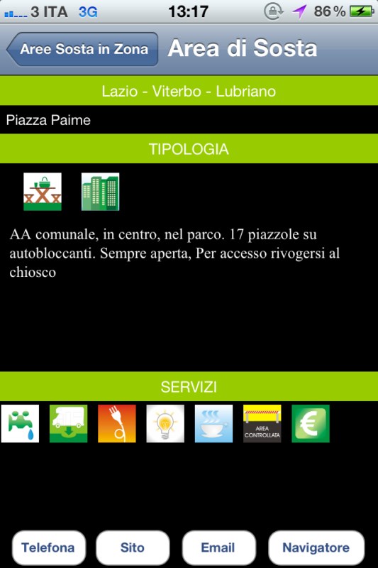 CamperlifeApp per iPhone, visualizzazione dei dettagli dell'area di sosta prescelta camper camperlifeapp app iphone