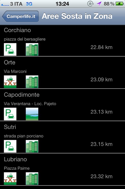 CamperlifeApp per iPhone, visualizzazione dei risultati della ricerca di prossimità camper camperlifeapp app iphone
