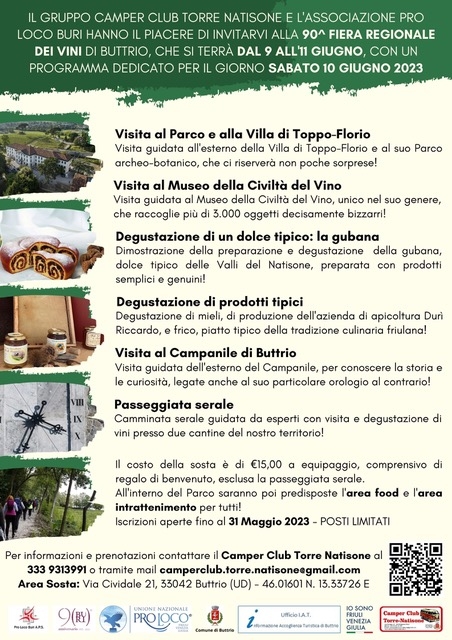 Programma per camperisti in occasione della 90^ Fiera Regionale dei Vini di Buttrio (Ud)